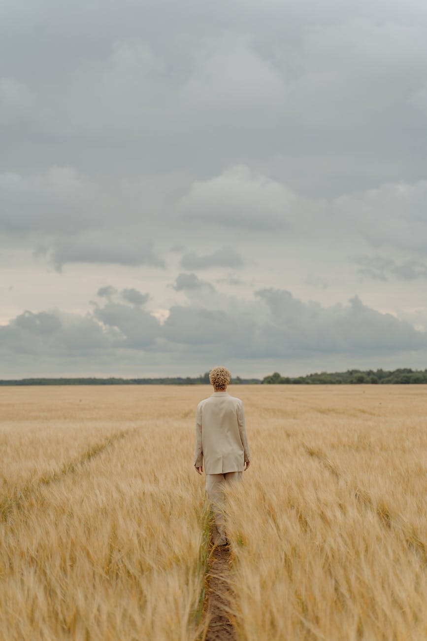 back view of a person in beige suit standing on brown grass field under the sky